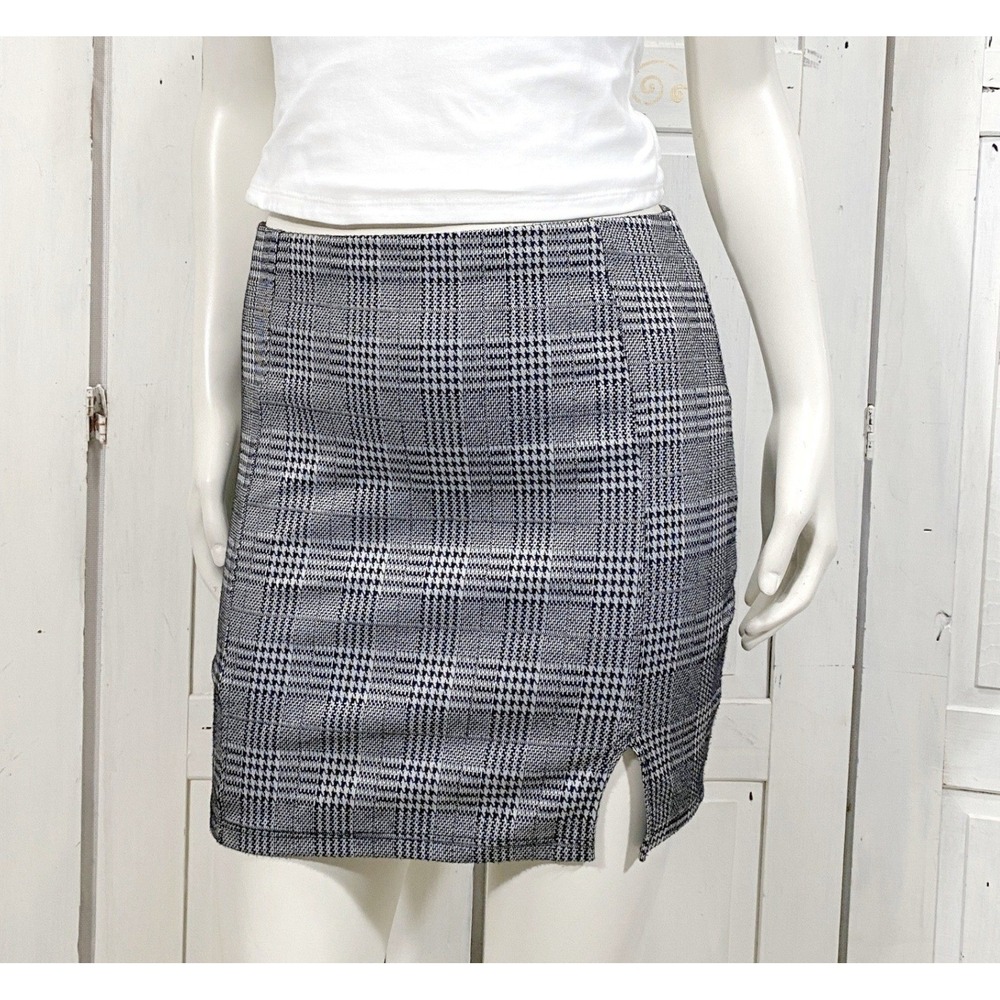 Imagenation Grey Glen Plaid Mini Skirt Side Slit S Made in USA Mod Twee Punk